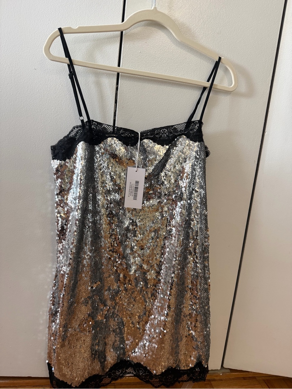 Reformation Sequin Slip Dress with Lace Trim - Silver